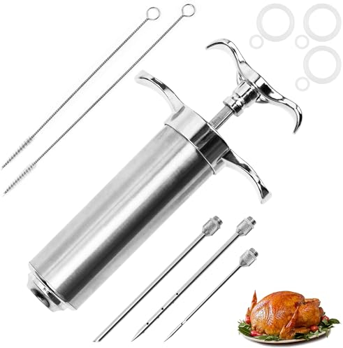Kit de seringue à viande en acier inoxydable avec 3 aiguilles à marinade, Seringue d'Injection d'Aliments de Cuisine en Acier Inoxydable pour Cuisson de Dinde