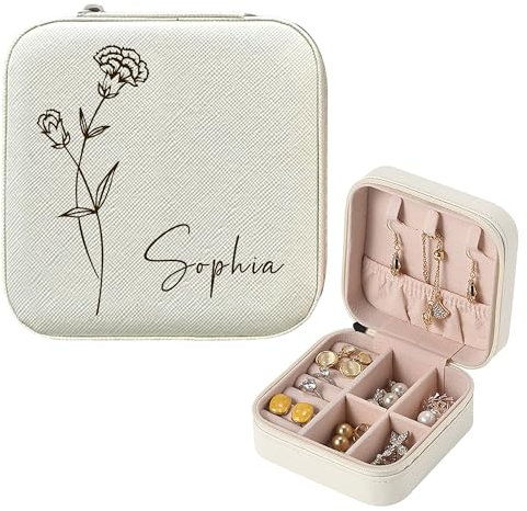 Personalised Jewellery Box Gifts for Women Travel Jewellery Box Birth Flower Leather Jewellery Organiser for Birthday Wedding Custom Gifts for Christmas Her Daughter Bridesmaid (White, Design 1)