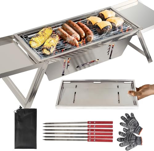 FoldNGo Portable Charcoal Grill with 6 Skewers - Stainless Steel Foldaway Grill for Camping, BBQ, Tailgating, Picnics - Instant Assembly, Includes Gloves & Carry Bag