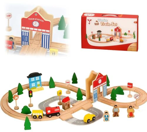 BASAMOU Treno Giocattolo per Bambini 3 4 5 6 7 8 Anni, 50Pcs Pista Trenino Legno Bambini, Pista Macchinine Giochi Legno, Compatibile Marchi Tradizionali, Regali Ragazzi Ragazze per Compleanno Natale
