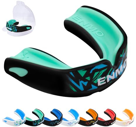 Enmo Maxilla Pro Gum Shield - Adult & Junior 10+ Mouth Guard with Case for Rugby, Boxing, Hockey and Contact Sports - Mouthguard with Boil & Bite, Breathing Channel Tech, Triple Layer - Black/Mint