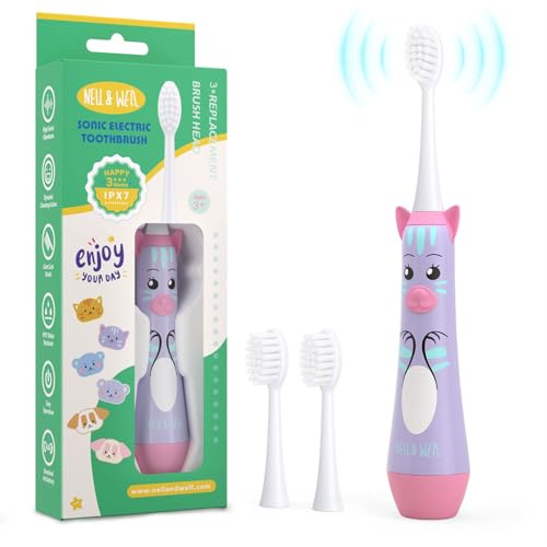 NELL&WELL Brosse à dents électrique pour enfants, minuterie de 2 minutes, 3 modes avec mémoire, étanchéité IPX 7, brosse à dents pour enfants avec 3 têtes à poils souples pour enfants à partir de 3