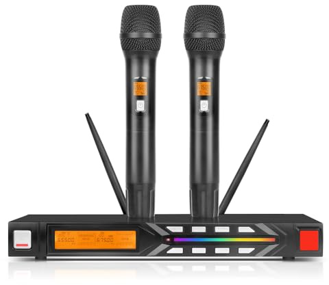 Doslnlya NG-99 Wireless Microphone System with Two Metal Microphones,UHF Handheld Wireless Moving Coil Gradient Colored Microphone for Home Karaoke, Conference, Party, Church, DJ, Wedding