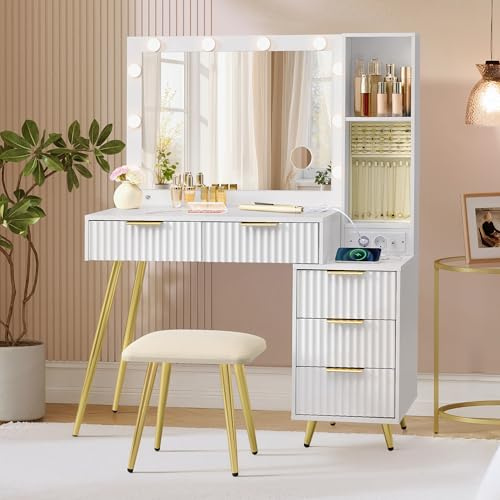 VASAGLE Tocador con Espejo y Taburete, Mesa de Maquillaje con Cajones, Lupa de 10x, Iluminación LED, Bandeja para Joyas, Enchufe Múltiple, 40 x 110 x 135 cm, Blanco Nube RVT020WB01