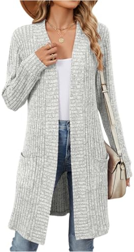 Jersey Mujer Invierno Tallas Grandes Cardigan Mujer Larga Elegante Chaqueta De Punto Abierto Entretiempo Manga Larga Suéteres Chaqueta Largos Ligero Jersey con Bolsillos(Gris Claro,XXL)