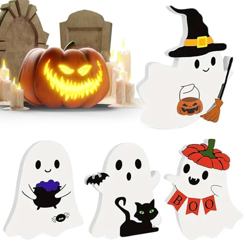 Genérico Adorables Figuras de Fantasmas | 4 Piezas Fantasma de Halloween Señales Miniatura para Mesa - Centros de Mesa Decorativos para Salón Dormitorio Cocina Chimenea Ventana