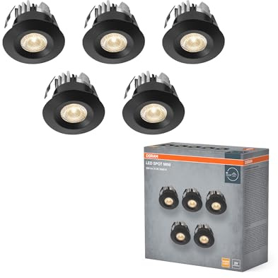 OSRAM Foco empotrable LED Mini Spot 6W Negro IP44, juego de 5 focos de techo 42mm 450lm, baño cocina blanco cálido 3000K