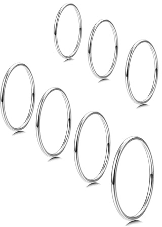 MILACOLATO Silver Rings for Women | 1mm Thin Stainless Steel Bands Rings | Midi Thumb Pinky Toe Stacking Kunckle Rings 7Pcs | Rounded Comfort-Fit Size 3/4/5/6/7/8/9