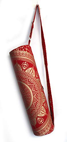 ICC Yoga Mat Bag Carrier - Exercise Yoga Bag for Mat Mens Tote Bag Multi-Functional Storage Bag, Full Zip Cargo Adjustable Strap for Women Hippie Mandala Indian Cotton Bag (Red Trishol Gold)