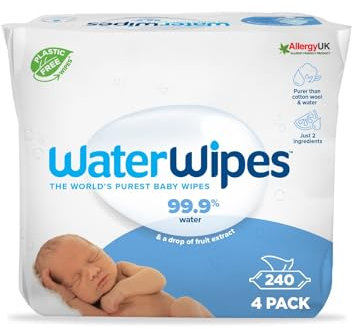 WaterWipes Sensitive+ Newborn & Baby Wipes, 240 Count (4 Packs), 3-In-1 Cleans, Cares, Protects, 99.9% Water, Unscented