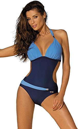 JFAN Mujer Traje de Una Pieza V-Cuello Top Halter Bikini Push Up Ropa de Baño Bloque de Color Retro Corte Alto Monokini Lago Azul S