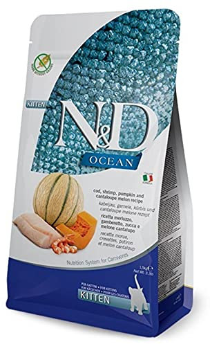 Farmina N&D Ocean Kitten Pellets Katzenfutter(Trockenfutter, mit hochwertigen Vitaminen und natürliche Antioxidantien, ohne Mais, Zutaten: Kabeljau, Garnelen und Honigmelone, Portionsgröße: 1,5 kg)