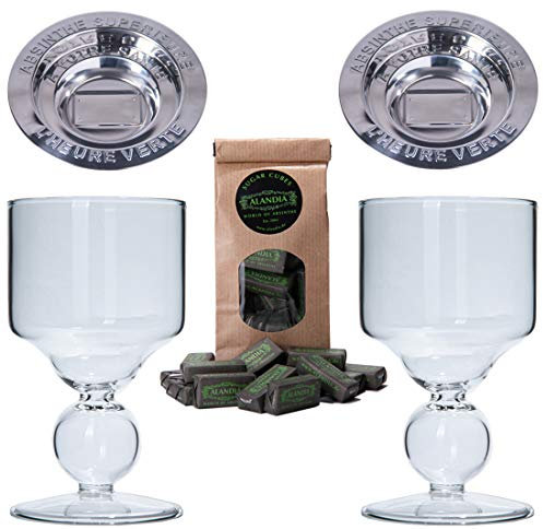 ALANDIA Absinthe Set Louche de 2x Verres à Boule faits à la main avec réservoir | 2x Brouilleurs en acier inoxydable | 1x Sucre