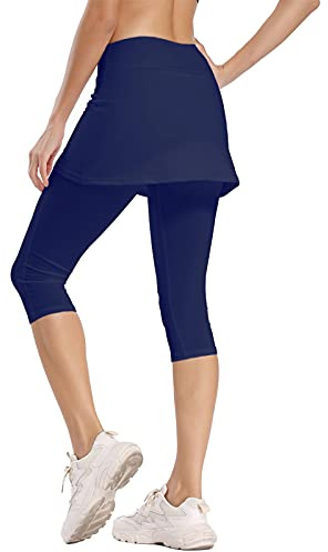 Ibeauti dam UPF 50+ capri leggings med kjol för yoga, golf, tennis, löpning, aktiv träning, Marinblå, S