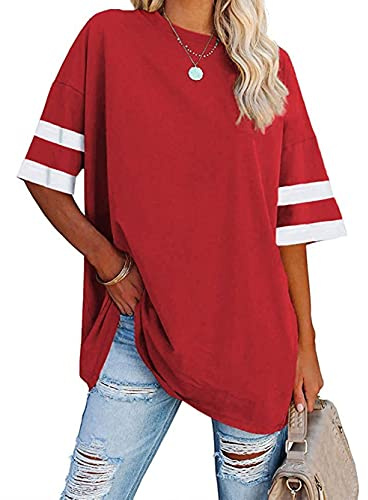 Famulily Ladies Long Tshirt Tops Crew Neck Simple Patchwork Baseball Tee Shirt Tops Red XXL