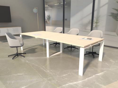Mesa de 240x100 con Estructura metálica Marco Abierto Blanco y Tablero melaminado Ideal para Sala de Juntas, reuniones, conferencias (Roble)