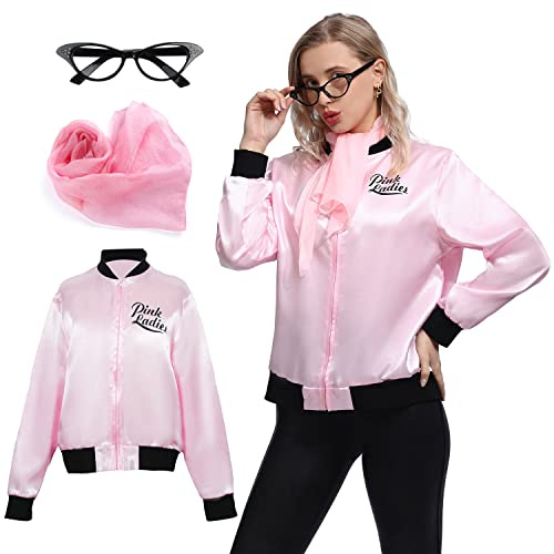 Wizland Mujeres Rosa Damas Grasa Chaqueta para Halloween Disfraz Cosplay 1950 Rosa Chaqueta de satén con bufandas de cuello y gafas S