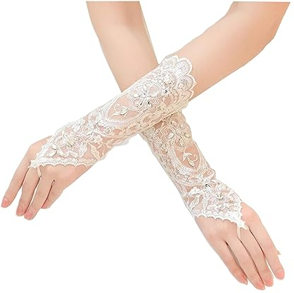 Damen-Spitzenhandschuhe, Abendhandschuhe, Hochzeitshandschuhe, weiße fingerlose Strass-Spitze, Braut-Hochzeitshandschuhe, Hochzeitsaccessoires (Farbe: Weiß, Größe: Einheitsgröße) ( Color : Ivory , Siz