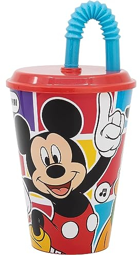 Bicchiere con cannuccia per bambini Topolino Disney, bicchiere in plastica riutilizzabile semirigida BPA Free capacità 430 ml