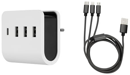 REV USB Ladegerät & USB Kabel im SPARSET – Steckdosenadapter mit Ablagefläche + 2X Universal Ladekabel 100cm (USB A auf USB-C, Micro-USB & Lightning)