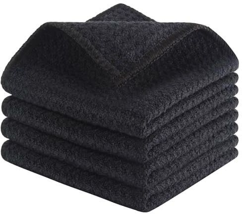 Sunland 4 Stücke Mikrofasertuch Waffelstruktur Spüllappen fusselfrei Waffeltücher schnelltrocknend Spültuch wiederverwendbar Putztücher waschbar Geschirrtücher für Küche Haushalts 20x20CM Schwarz