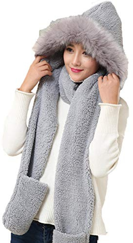 Bufanda con capucha 3 en 1 para mujer con manoplas,Calentador de cuello,Bolsa con capucha,Invierno,Felpa súper suave,Capucha completa,gorros térmicos cálidos de lana con orejas,Bolsillo,Bufanda