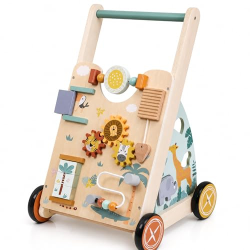 Girello in legno per bambini, a tema safari, per imparare a camminare con attività multi-sensoriali di sviluppo precoce, per ragazzi e ragazze, età 18 mesi +