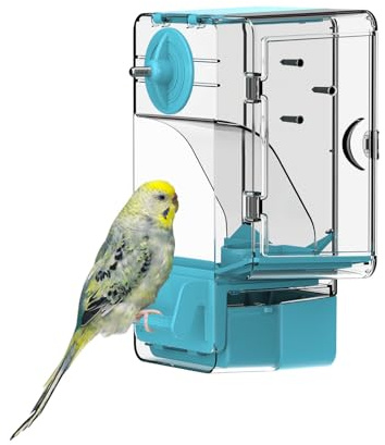 Automatic Bird Feeder, No Mess Bird Cage Feeder with Perch Multi-Functional Holder for Fruits Vegetables for Parakeet Canary Cockatiel Finch (Blue)