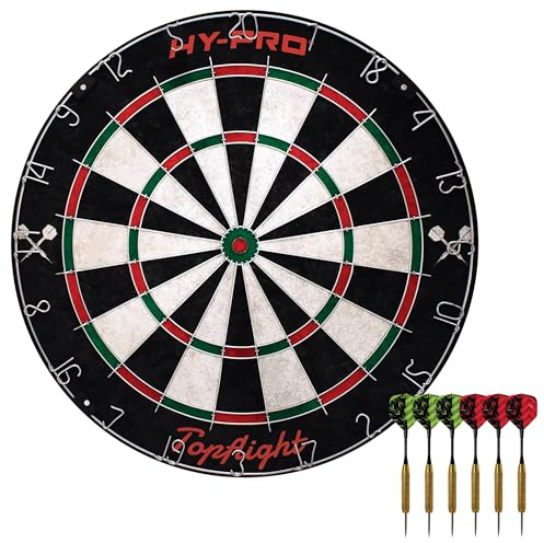 Hy-Pro Topflight Dart Board Set – Professional Dartboard With Sisal Surface, Staple-Free Bullseye, Movable Wire, 6x 18g Steel Tip Darts, Wall Mount Kit, Indoor or Outdoor Use for Adults and Kids