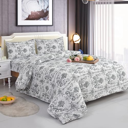 SAIMAZ 4 Piece Printed Bedding Set Duvet Cover, Deep Fitted Sheet & 2 Pillowcases Single, Double, King, Super King Sizes Soft Microfiber, Wrinkle-Resistant, Easy Care (Single, Vintage White)