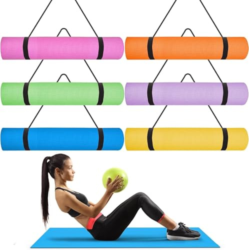 6 alfombrillas de yoga a granel con 6 correas de transporte, 173 x 61 x 0,4 cm, esterilla de yoga con correa, antideslizante para entrenamiento, estiramiento