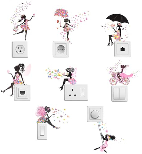 PLIGREAT 8 piezas Pegatinas de interruptor con hada de las flores y chica mariposa enchufe pegatinas decorativas pegatinas de PVC extraíbles para dormitorio cocina habitación de los niños pared hogar