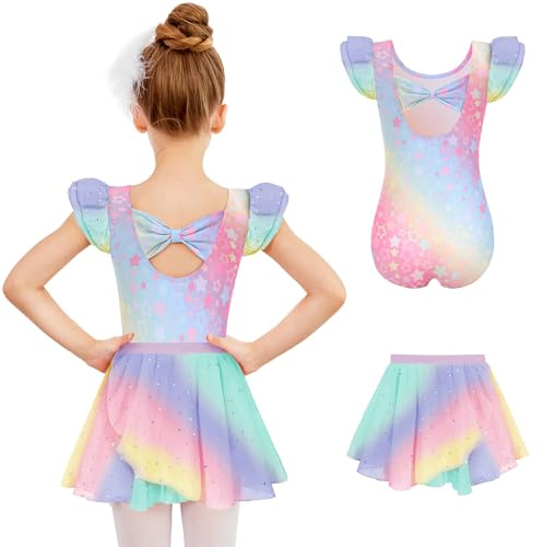 Zaclotre Leotards for Girls Short Sleeve Bow Back Dance Outfits Rainbow Dance Leotard with Chiffon Skirt Rainbow 6-7 Years