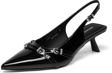 DREAM PAIRS Zapatos de salón elegantes para mujer con tacón kitten bajo, slingback, puntera cerrada en punta, cómodos, para bodas, fiestas y ocasiones informales, Negro, 36 EU