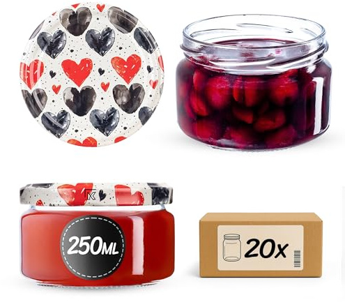 KADAX Set da 20 barattoli per marmellata da 250 ml con coperchio a vite Ø 82 mm a forma di cuore - ermetici, lavabili in lavastoviglie, ideali per marmellate, chutney, sottaceti, carne, paste e