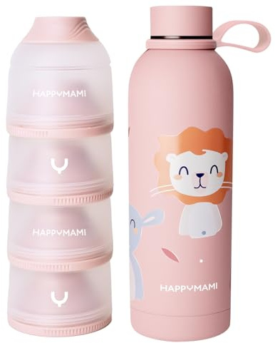 Happymami,Confezione dosatore latte in polvere + thermos da 500 ml, regalo neonato, set di alimentazione per il tuo bambino, senza BPA, superficie interna antiaderente (Menta morbida) (Rosa)