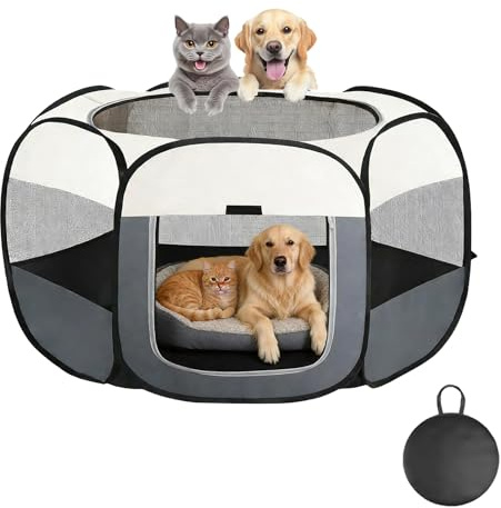 Puniama Foldable Pet Playpen with Carry Bag for Indoor & Outdoor Use, Soft Fabric Dog & Cat Pen, Lightweight Portable Puppy Play Pen for Small Pets – Dogs, Cats, Rabbits & Hamsters (110 * 60CM)