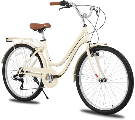 Hiland 26 tums stadscyklar för vuxna, Step-Through ram, damcykel med bagagehållare och korg, män och kvinnor, 7-växlad krets, hollandcykel, stadscykel, pendlarcykel för män