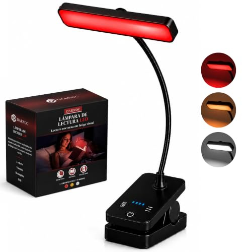 DARNOC Lámpara Lectura Libros LED Recargable con Pinza - Luz Roja 0% Luz Azul, 3 Colores y 3 Intensidades - Lámpara Inalámbrica para Leer Libros en la Cama - Regalo Original para Lectores
