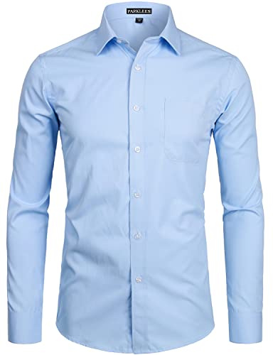 PARKLEES Men's Long Sleeve Dress Shirt Solid Slim Fit Casual Business Formal Button Up Shirts with Pocket Blue M