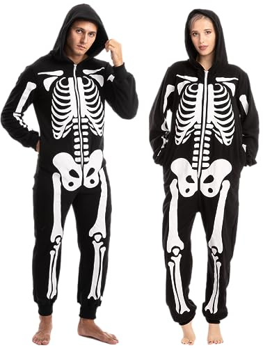 Spooktacular Creations Unisex Skeleton jumpsuit jumpsuit Plush Skeleton Jumpsuit Zippered Halloween Hoody jumpsuit for Adult Sleepwear Costume(Large) Black