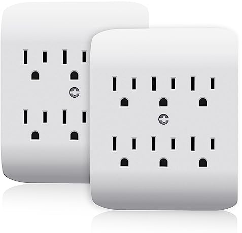 ELEGRP 6-Outlet Extender with Central Anchor, 3-Prong Grounded Wall Tab, Multiple Outlet Extender with 6 Electrical Outlets, ETL Listed, 2 Packs, White