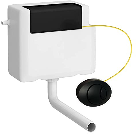 Dual Flush Concealed Cistern with Matt Black Push Button Cable & Pipe | Front & Top Access Cistern | Modern Bathroom Universal Water Saving Dual Function Cistern with Black Plastic Lid - 410 g