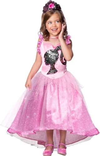 RUBIE'S Barbie - Costume da Barbie da principessa, con paillettes, per bambini, taglia 5-6 anni, con vestito, senza spalline e diadema, colore: rosa