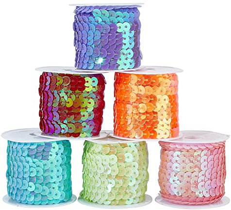 PH PandaHall 6mm Bunte Paillette Trim, 6 Farben Flache Pailletten Streifen Trimmen Pailletten Bänder Nähen Paillette String Für Kleid Dekorieren Schmuck Ornament Stirnband Tanzbekleidungen 30 Yard