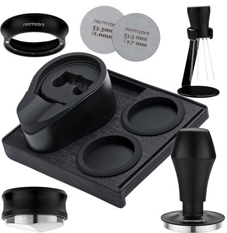 Normcore 53,3 mm 7-i-1 kompakt barista-kit: Kaffetamper, distributionsverktyg, WDT med stativ, doseringstratt, puckskärm, tampmatta, filterstativ, barista nödvändighetskit för Breville salvia 54 mm
