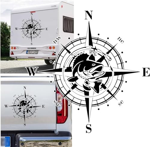 Rakelfix Kompass Hecht Aufkleber Angeln Angler Fischen Wohnmobil Caravan Autoaufkleber Sticker Kompassrose Windrose Camper