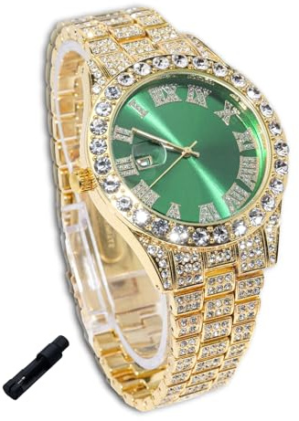 Genkigold Diamantklocka för tonårspojkar - rund urtavla 42 mm romerska siffror i 3 färger - guldpläterad 18K/platina-armband 20 cm - justeringsverktyg ingår, kan kombineras med kubansk kedja