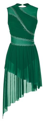 Damen Eiskunstlauf Kleid Glitzer Ballettkleid mit Asymmetrisch Rock Lyrisch Tanzkleid Grün L