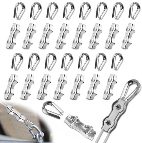 Mbsomnus Juego de 32 abrazaderas de cable de alambre M2 con 16 pinzas de cuerda de 2 mm y 16 piezas de cuerda de alambre de 2 mm de acero inoxidable 304 dúplex, abrazaderas para cable de acero, tensor
